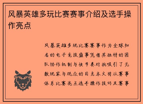 风暴英雄多玩比赛赛事介绍及选手操作亮点